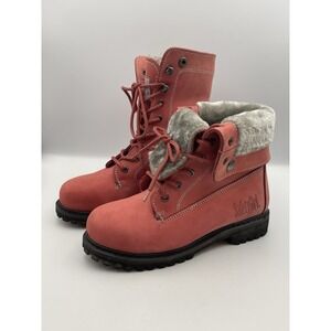 Safety Girl Pink Leather Work Boots Fur Lined Fold Over Women's Size 7.5
